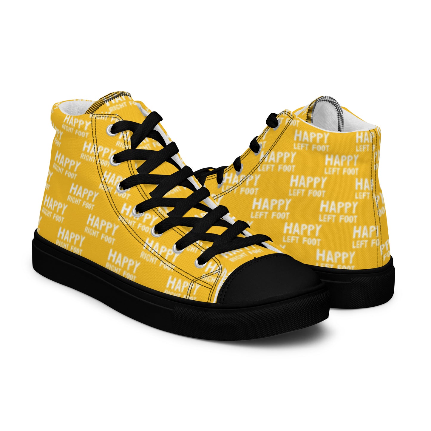 High tops mens right shoe front view left shoe back view Happy Left Foot Happy Right Foot Pattern Print yellow and white shoes black sole HappyStuff brand