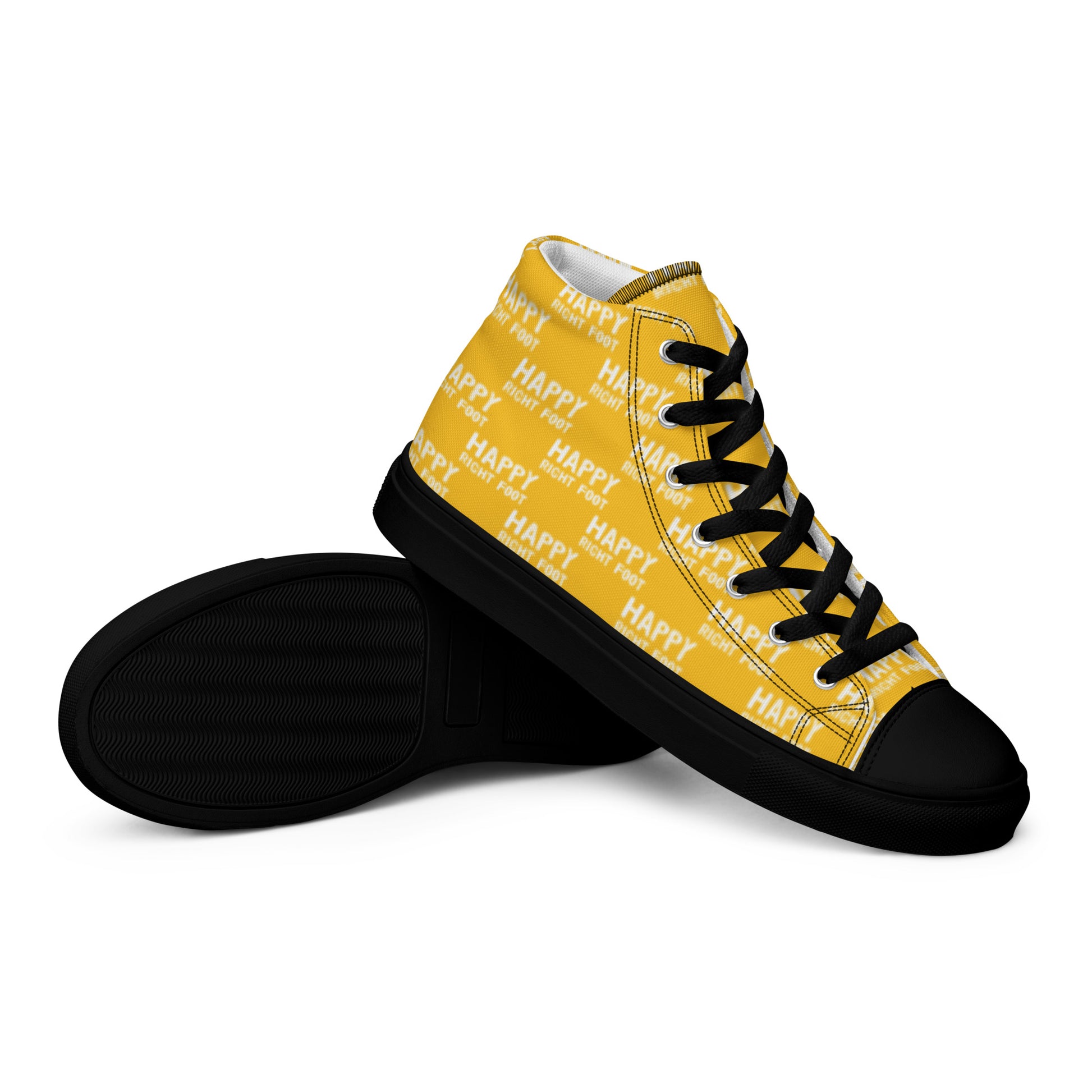 HappyStuff mens sneakers closeup black sole view yellow high tops with Happy Left Foot Happy Right Foot Pattern Print yellow and white shoes