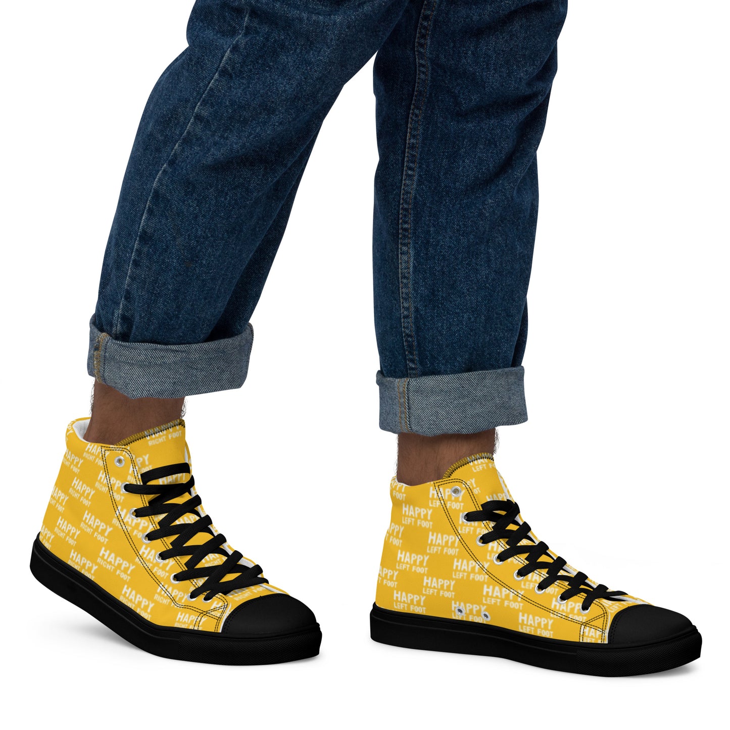 Walking right in mens sneakers HappyStuff high top yellow shoes Happy Left Foot Happy Right Foot Pattern Print yellow and white black sole