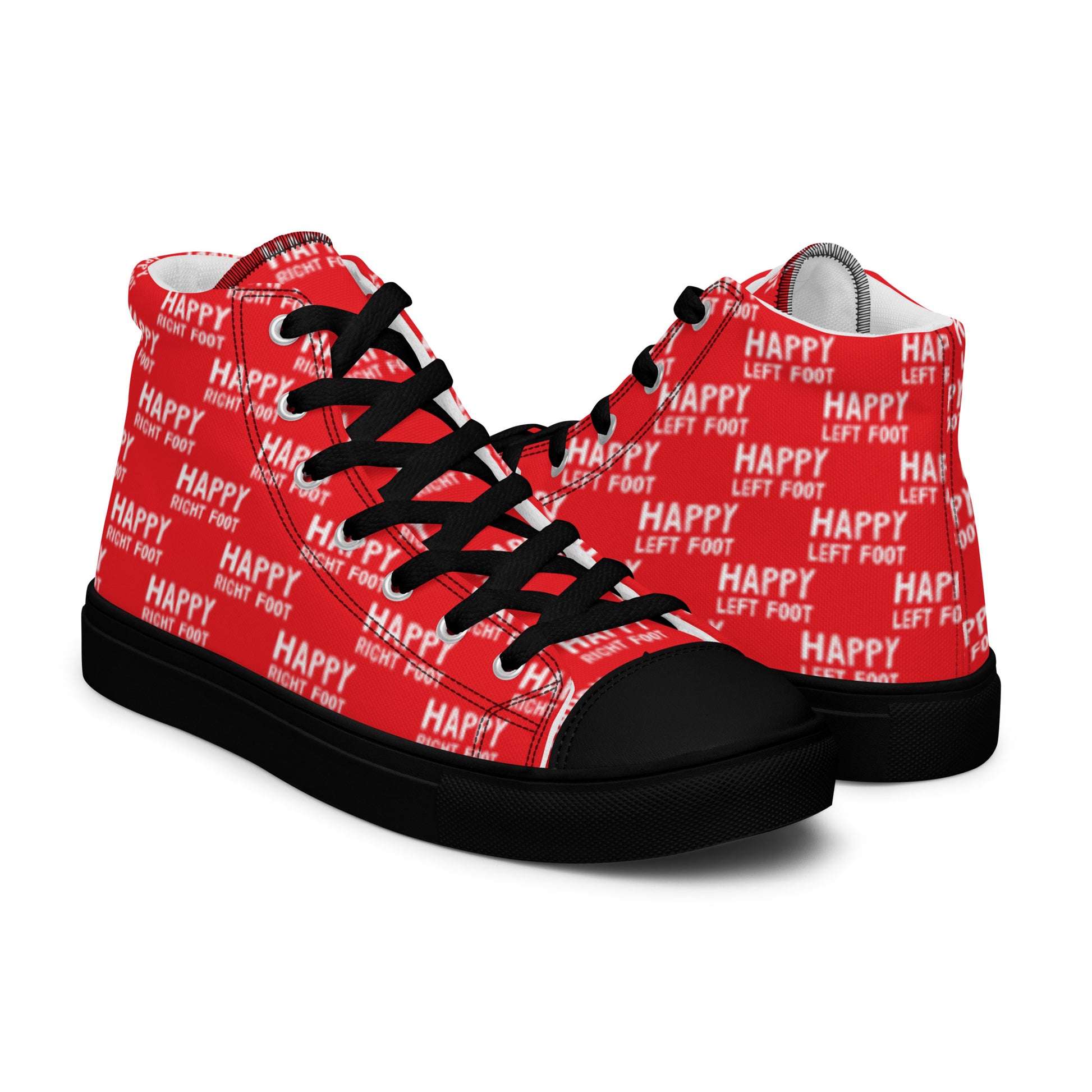 High tops mens right shoe front view left shoe back view Happy Left Foot Happy Right Foot Pattern Print red and white shoes black sole HappyStuff brand