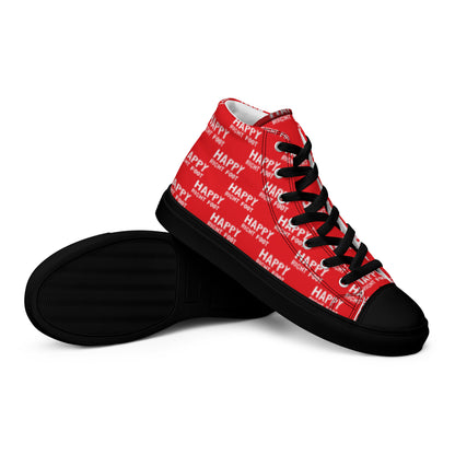 HappyStuff mens sneakers closeup black sole view red high tops with Happy Left Foot Happy Right Foot Pattern Print red and white shoes