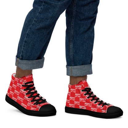 Walking right in mens sneakers HappyStuff high top red shoes Happy Left Foot Happy Right Foot Pattern Print red and white black sole