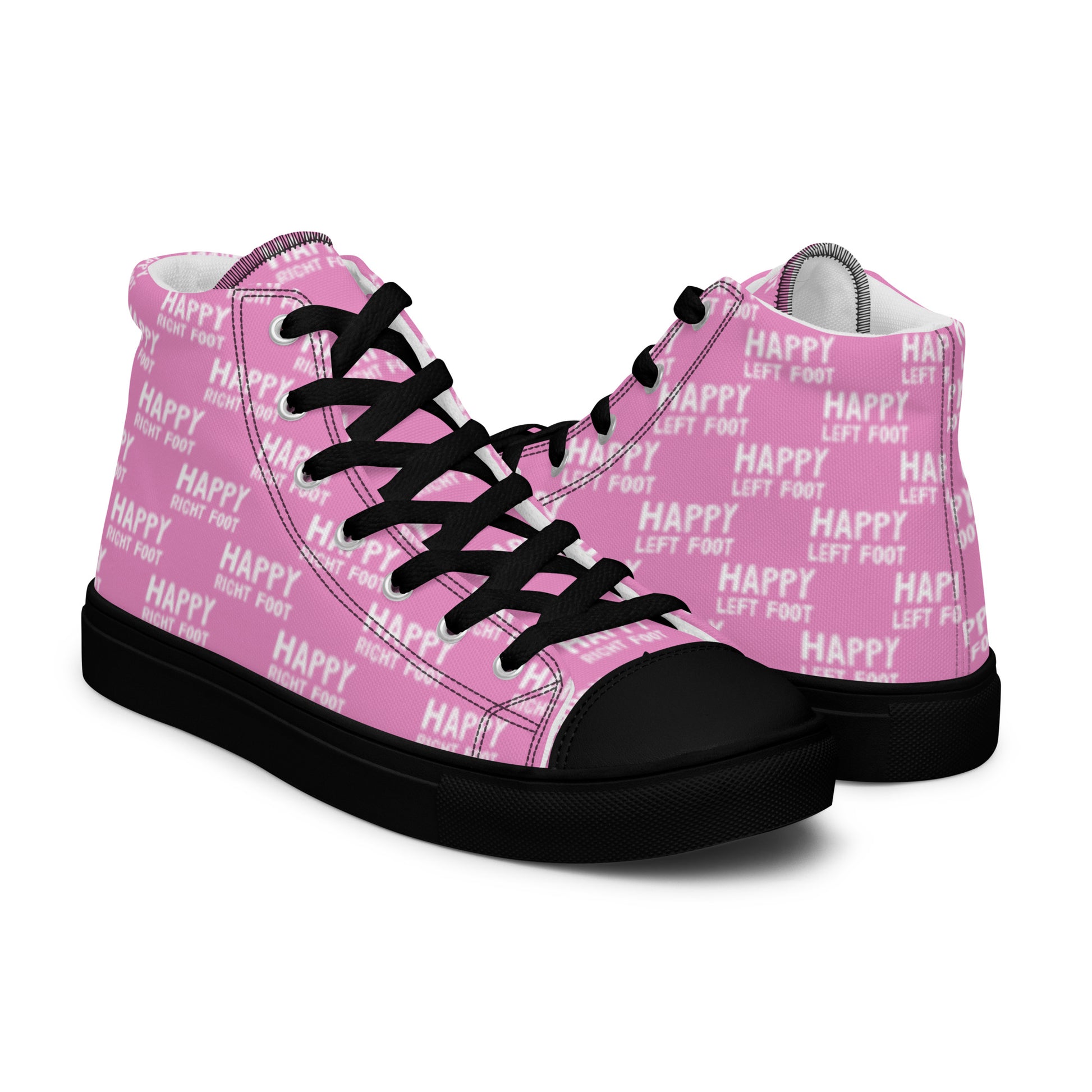 High tops mens right shoe front view left shoe back view Happy Left Foot Happy Right Foot Pattern Print pink and white shoes black sole HappyStuff brand