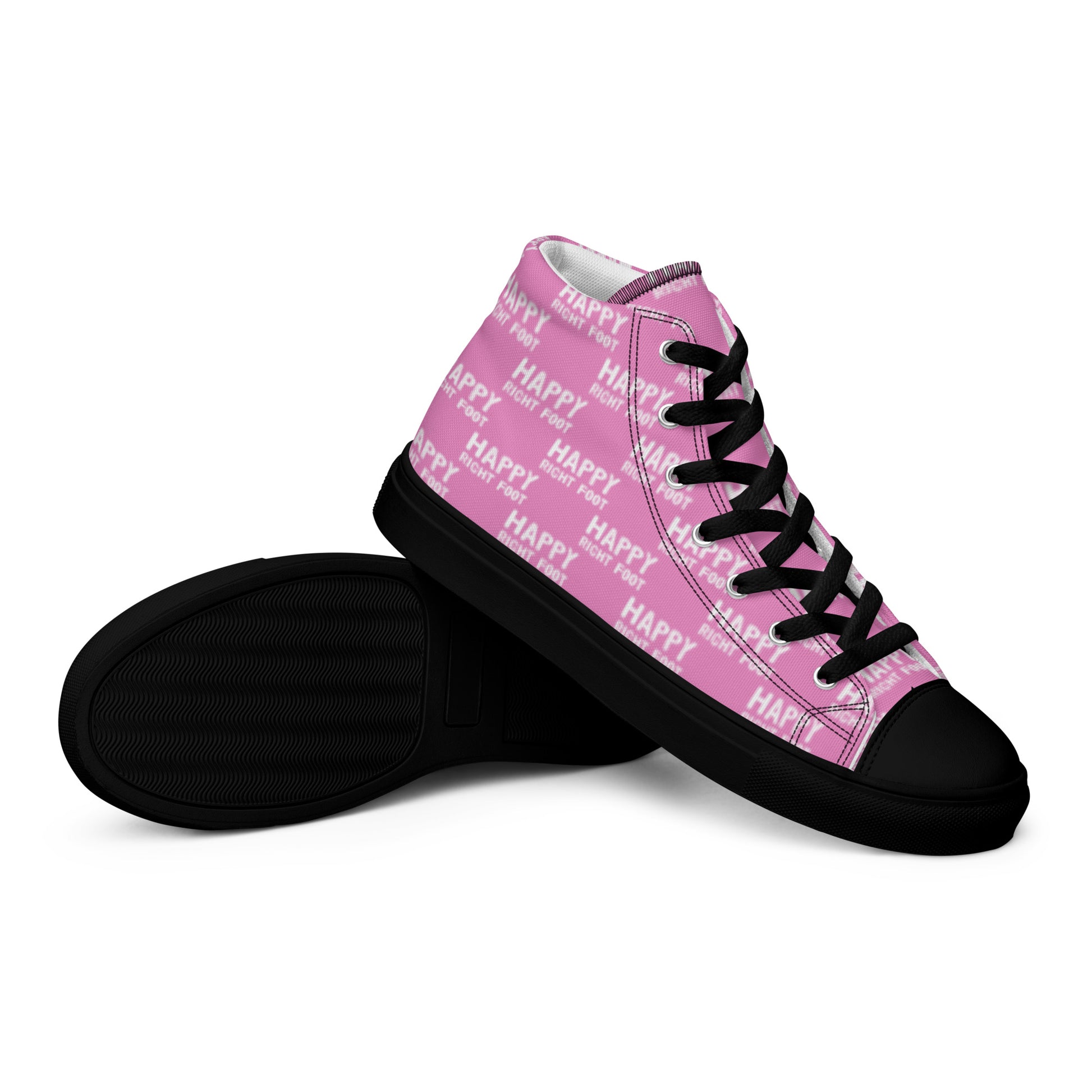 HappyStuff mens sneakers closeup black sole view pink high tops with Happy Left Foot Happy Right Foot Pattern Print pink and white shoes