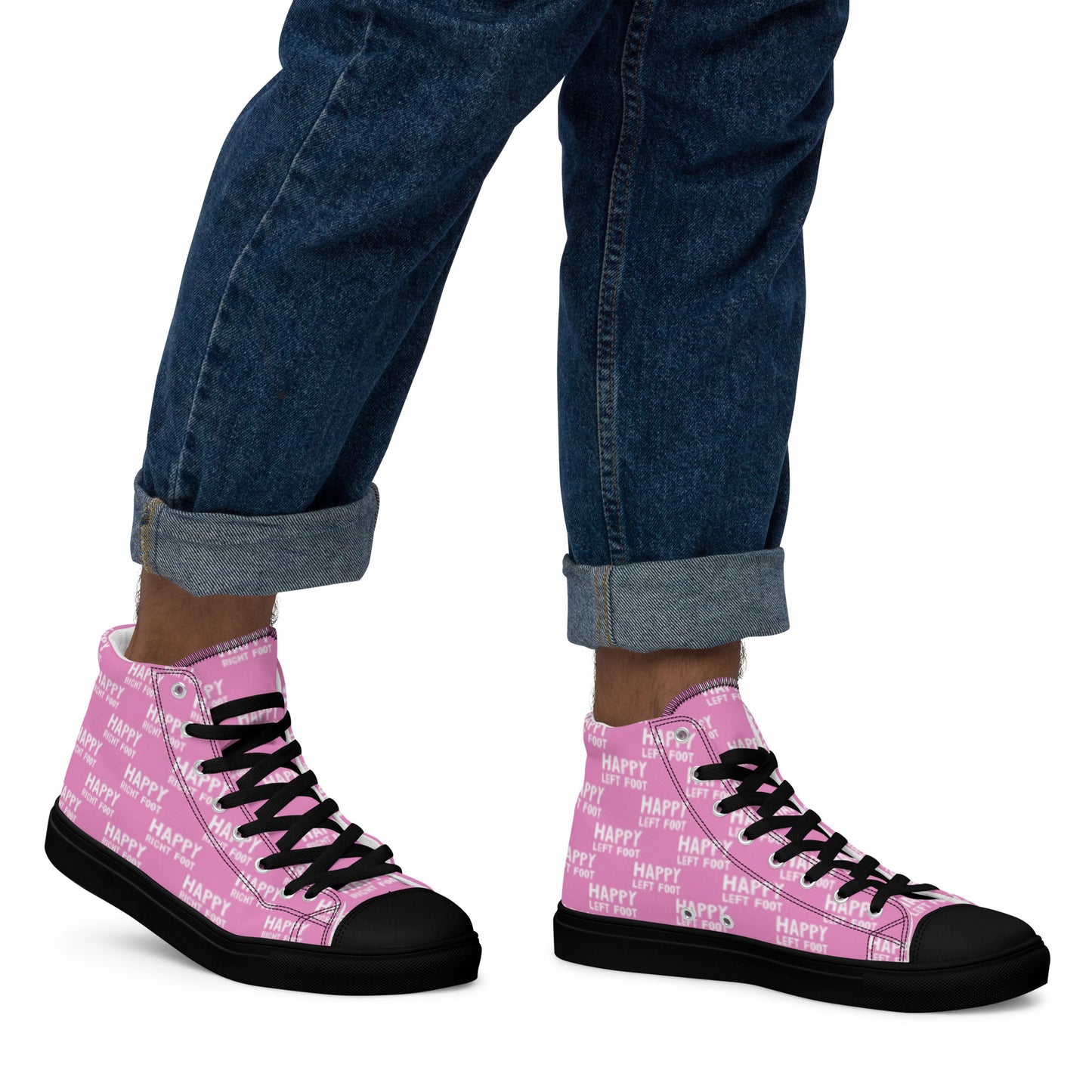 Walking right in mens sneakers HappyStuff high top pink shoes Happy Left Foot Happy Right Foot Pattern Print pink and white black sole