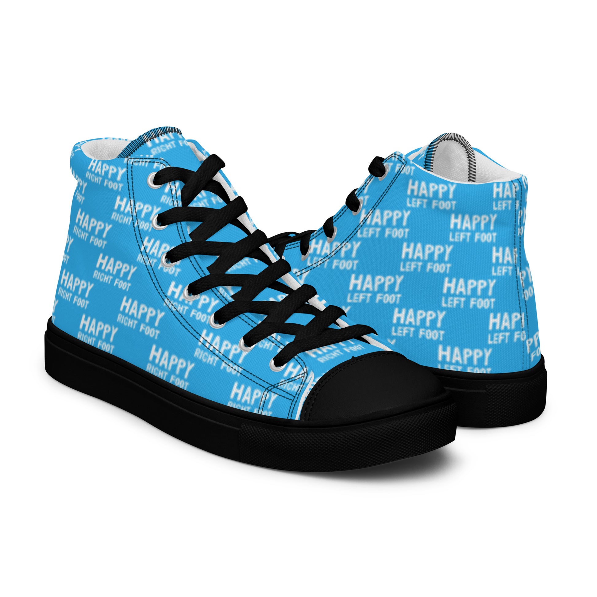 High tops mens right shoe front view left shoe back view Happy Left Foot Happy Right Foot Pattern Print blue and white shoes black sole HappyStuff brand