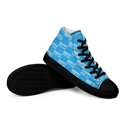 HappyStuff mens sneakers closeup black sole view blue high tops with Happy Left Foot Happy Right Foot Pattern Print blue and white shoes