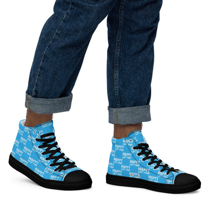 Walking right in mens sneakers HappyStuff high top blue shoes Happy Left Foot Happy Right Foot Pattern Print blue and white black sole