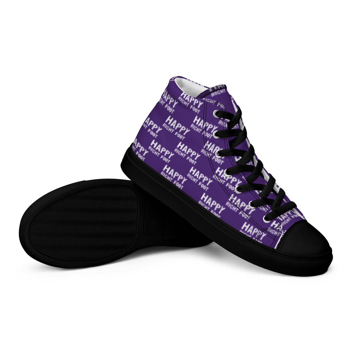 HappyStuff mens sneakers closeup black sole view purple high tops with Happy Left Foot Happy Right Foot Pattern Print purple and white shoes