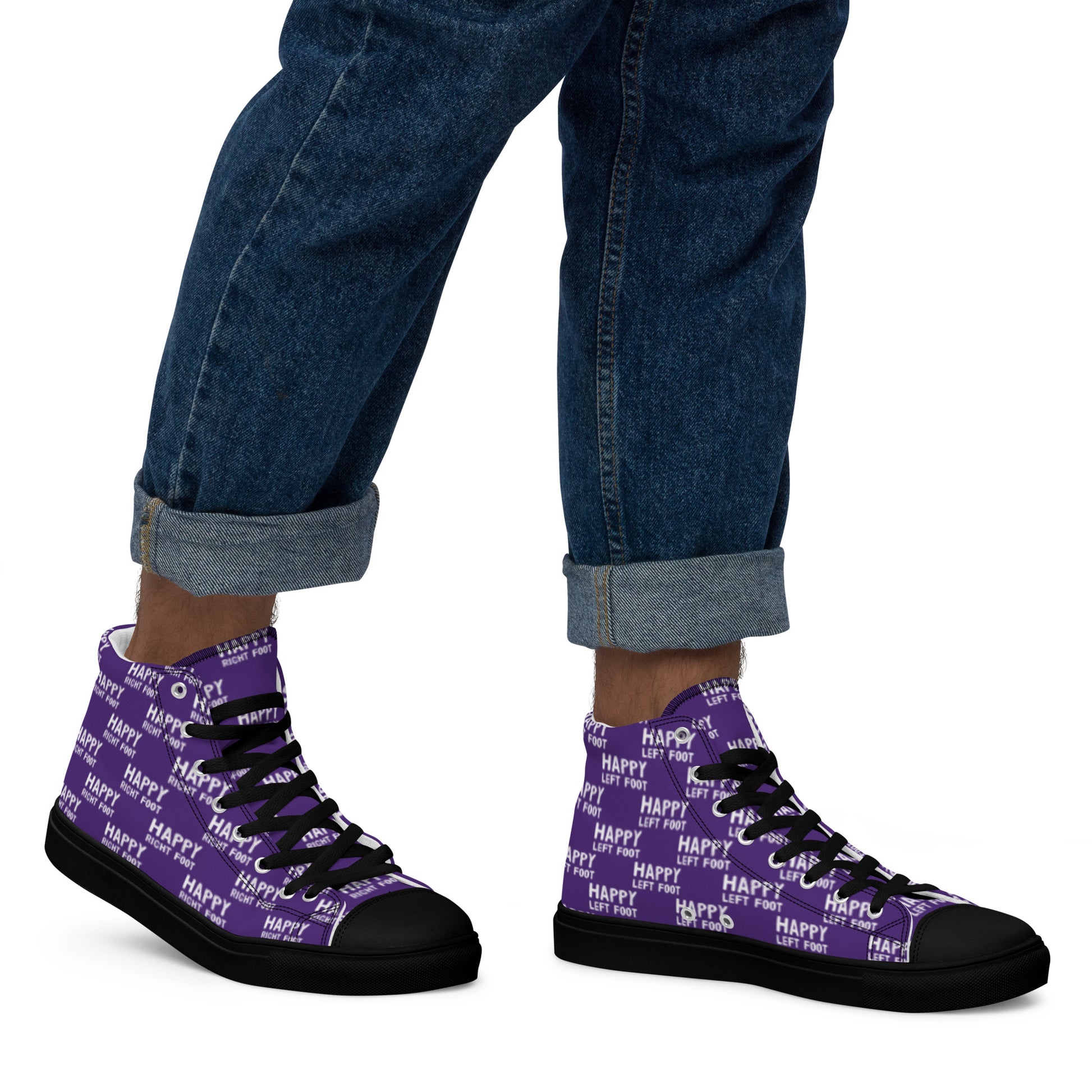 Walking right in mens sneakers HappyStuff high top purple shoes Happy Left Foot Happy Right Foot Pattern Print purple and white black sole