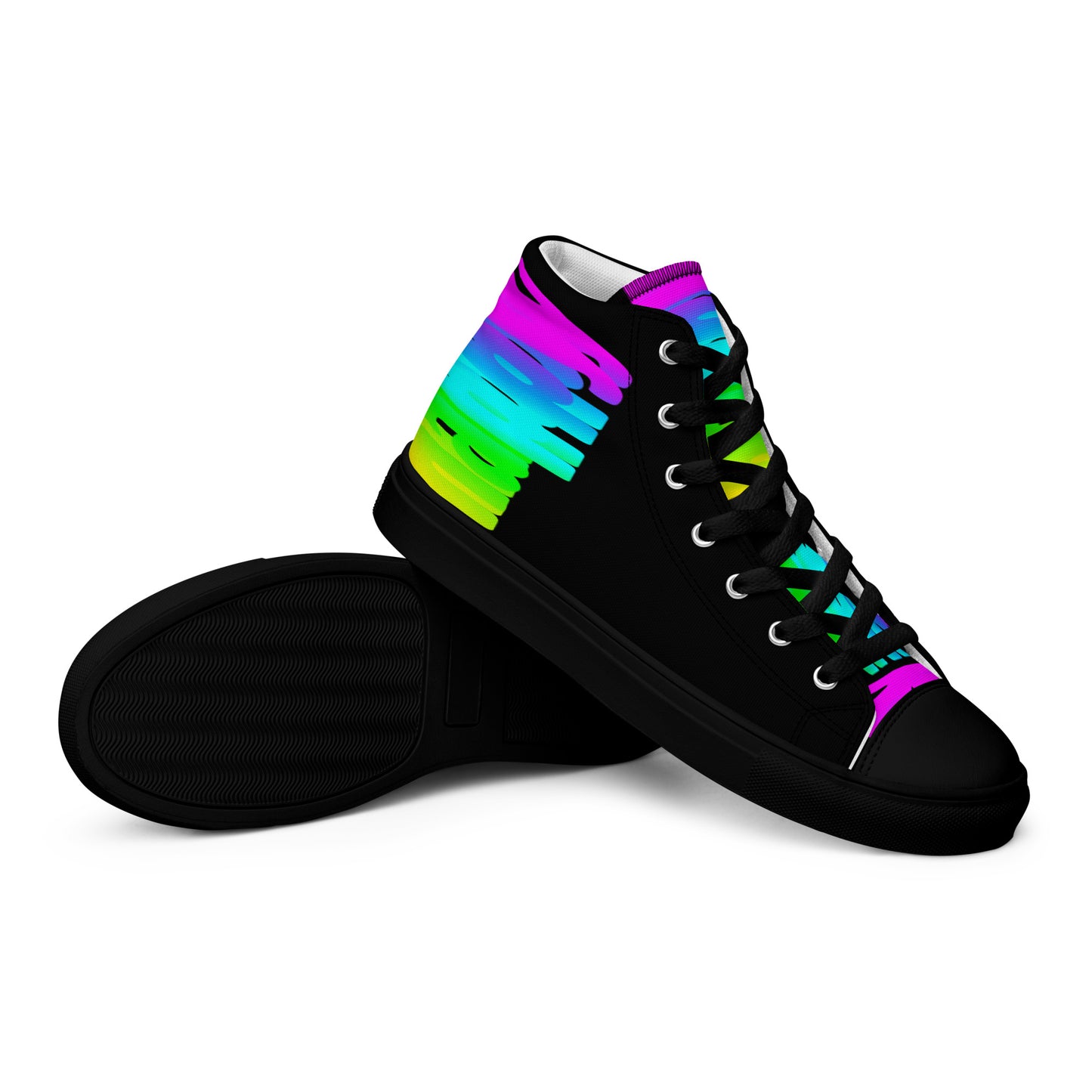 Closeup black sole view HappyStuff mens sneakers black high tops rainbow shoes Happy Rainbow Painted bright colour spectrum print