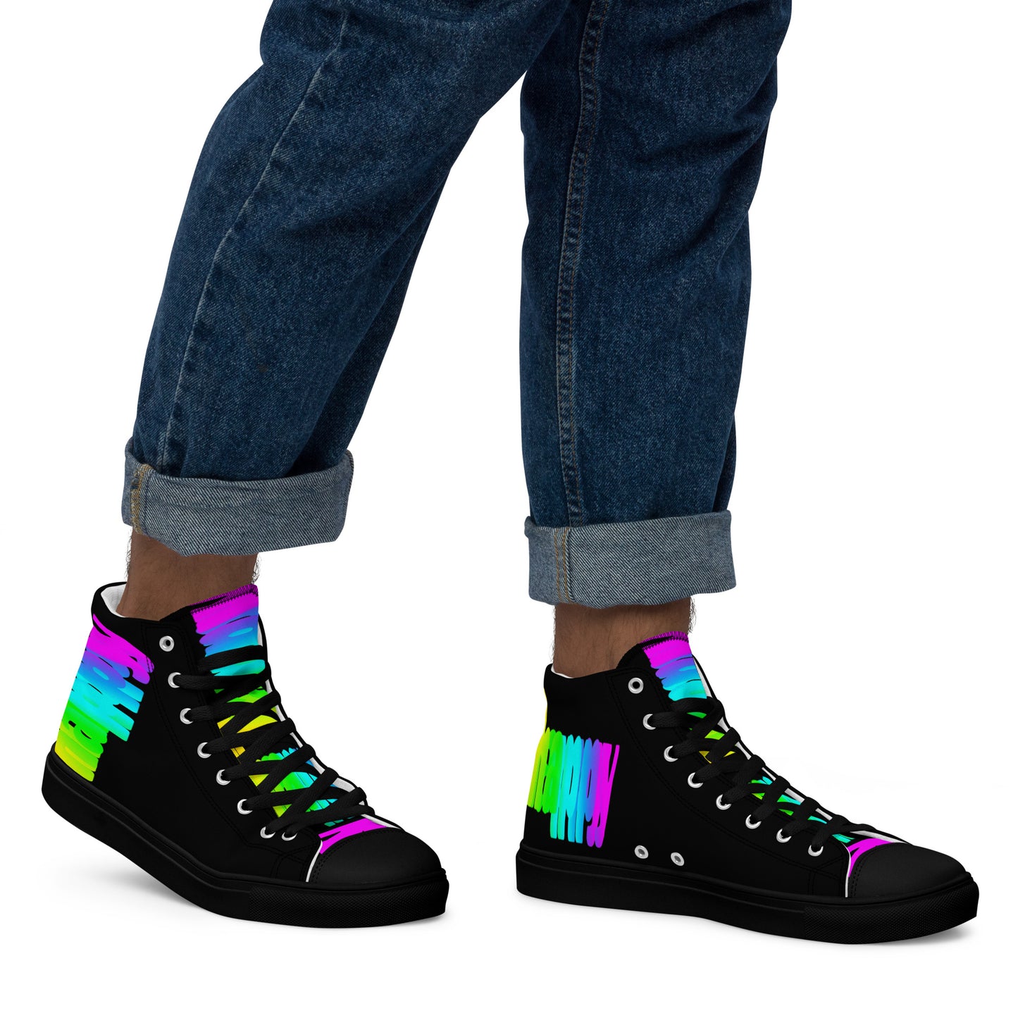 Walking right in mens sneakers HappyStuff high top black shoes black sole Happy Rainbow Painted bright colour spectrum print rainbow shoes