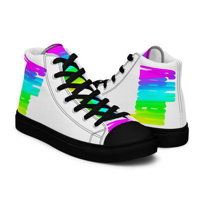 Rainbow shoes HappyStuff mens high tops Happy Rainbow Painted Print bright colours on white shoes black sole right shoe front view left shoe back view