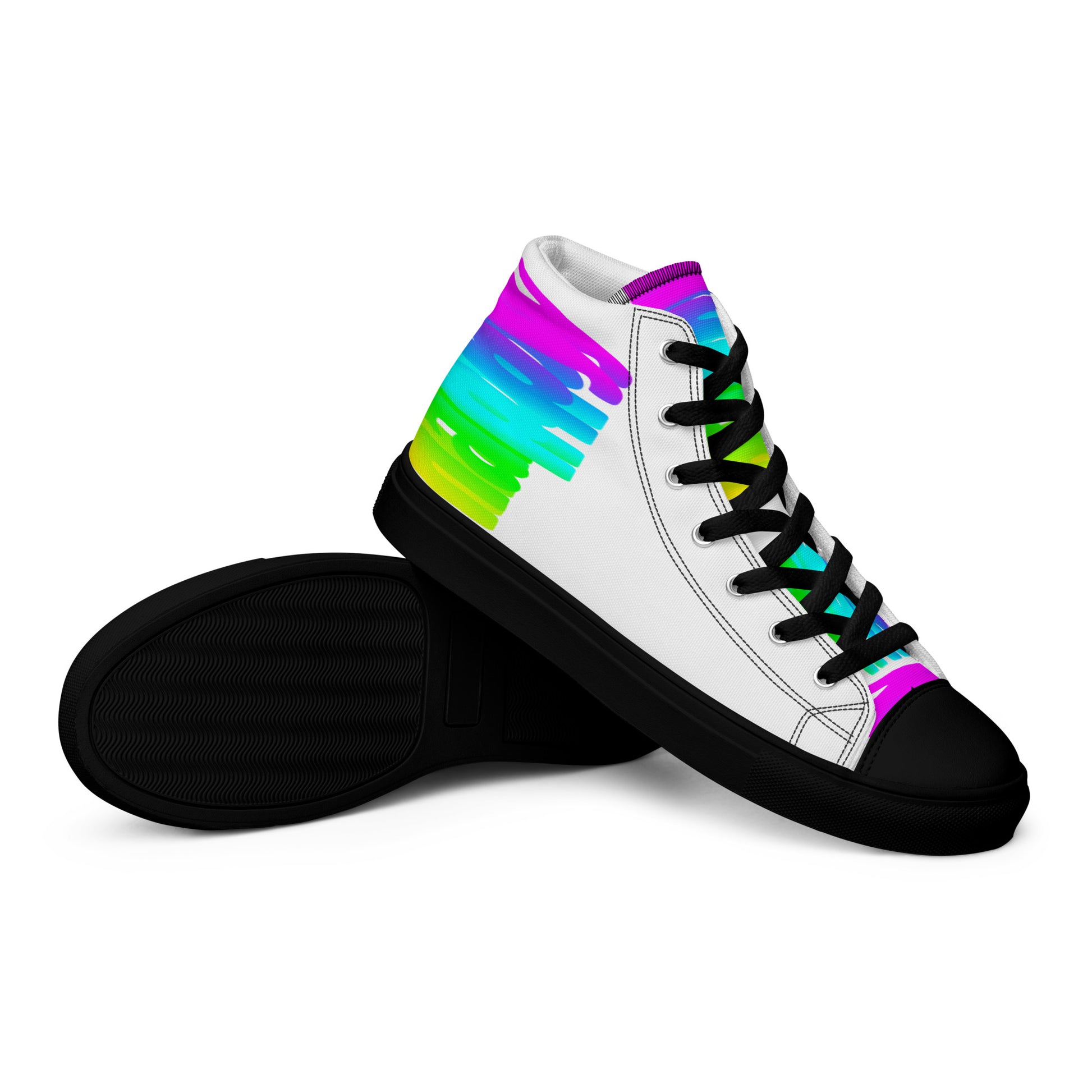 Closeup black sole view HappyStuff mens sneakers white high tops rainbow shoes Happy Rainbow Painted bright colour spectrum print