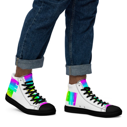 Walking right in mens sneakers HappyStuff high top white shoes black sole Happy Rainbow Painted bright colour spectrum print rainbow shoes