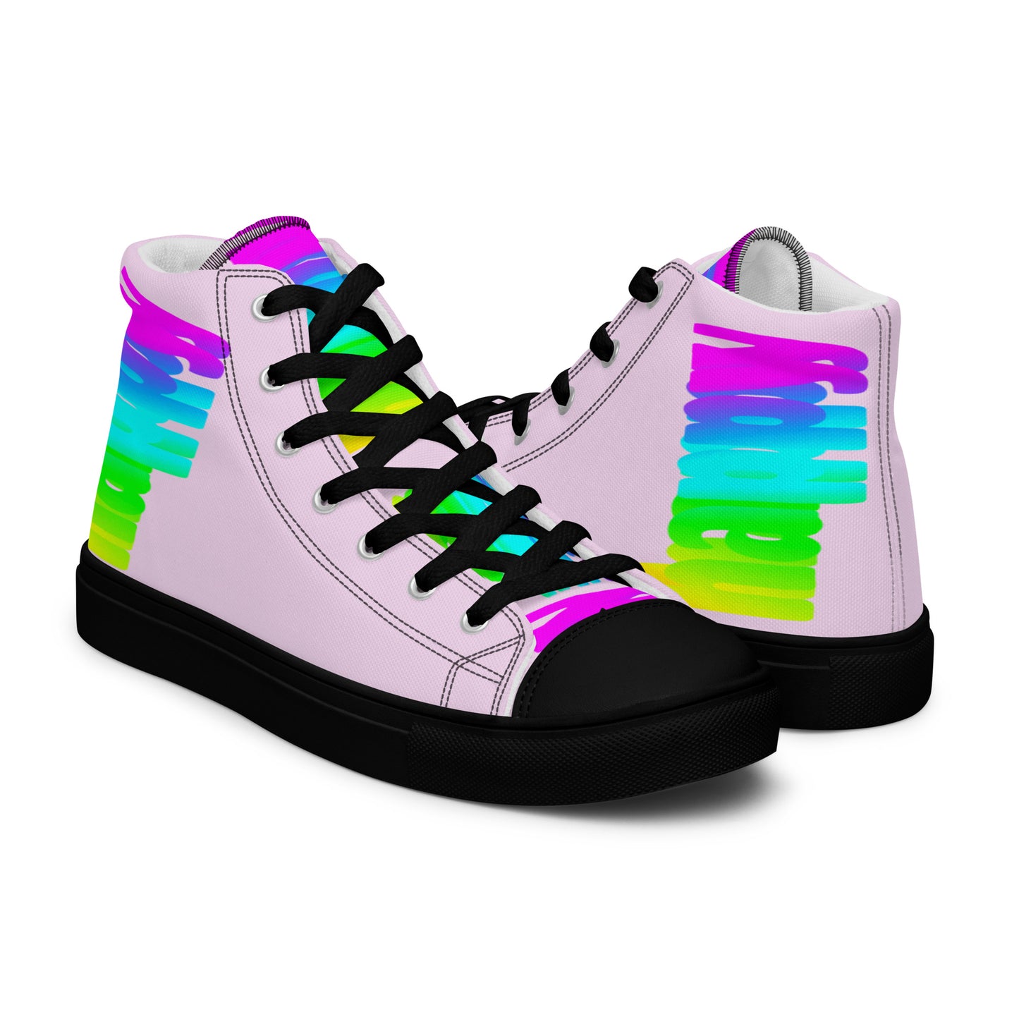 Rainbow shoes HappyStuff mens high tops Happy Rainbow Painted Print bright colours on pink shoes black sole right shoe front view left shoe back view