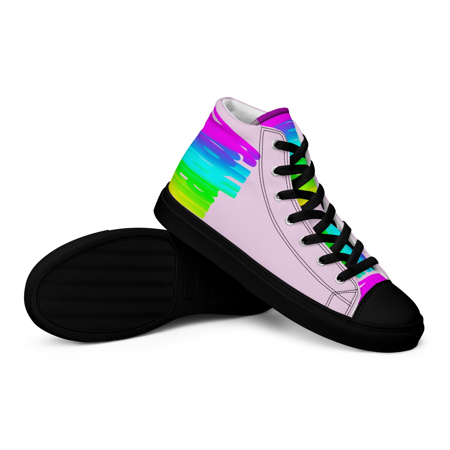 Closeup black sole view HappyStuff mens sneakers pink high tops rainbow shoes Happy Rainbow Painted bright colour spectrum print