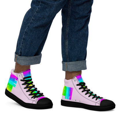 Walking right in mens sneakers HappyStuff high top pink shoes black sole Happy Rainbow Painted bright colour spectrum print rainbow shoes