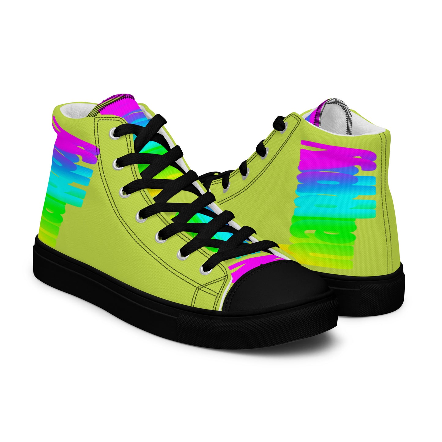 Rainbow shoes HappyStuff mens high tops black sole Happy Rainbow Painted Print bright colours on green shoes right shoe front view left shoe back view