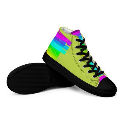 Closeup black sole view HappyStuff mens sneakers green high tops rainbow shoes Happy Rainbow Painted bright colour spectrum print