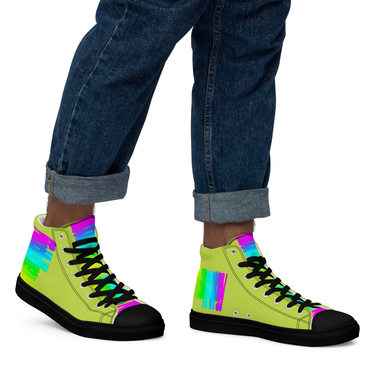 Walking right in mens sneakers HappyStuff high top green shoes black sole Happy Rainbow Painted bright colour spectrum print rainbow shoes