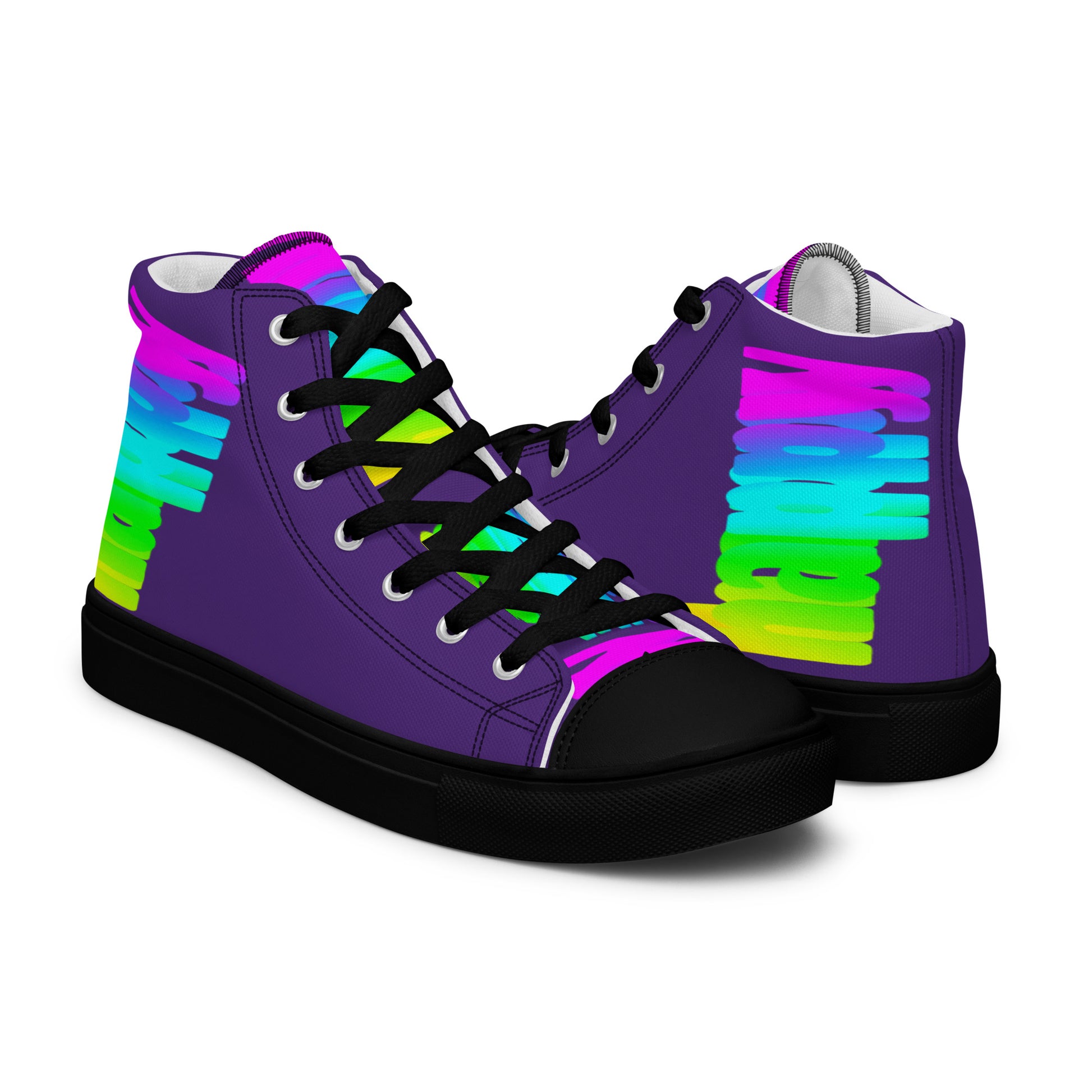 Rainbow shoes HappyStuff mens high tops black sole Happy Rainbow Painted Print bright colours on purple shoes right shoe front view left shoe back view