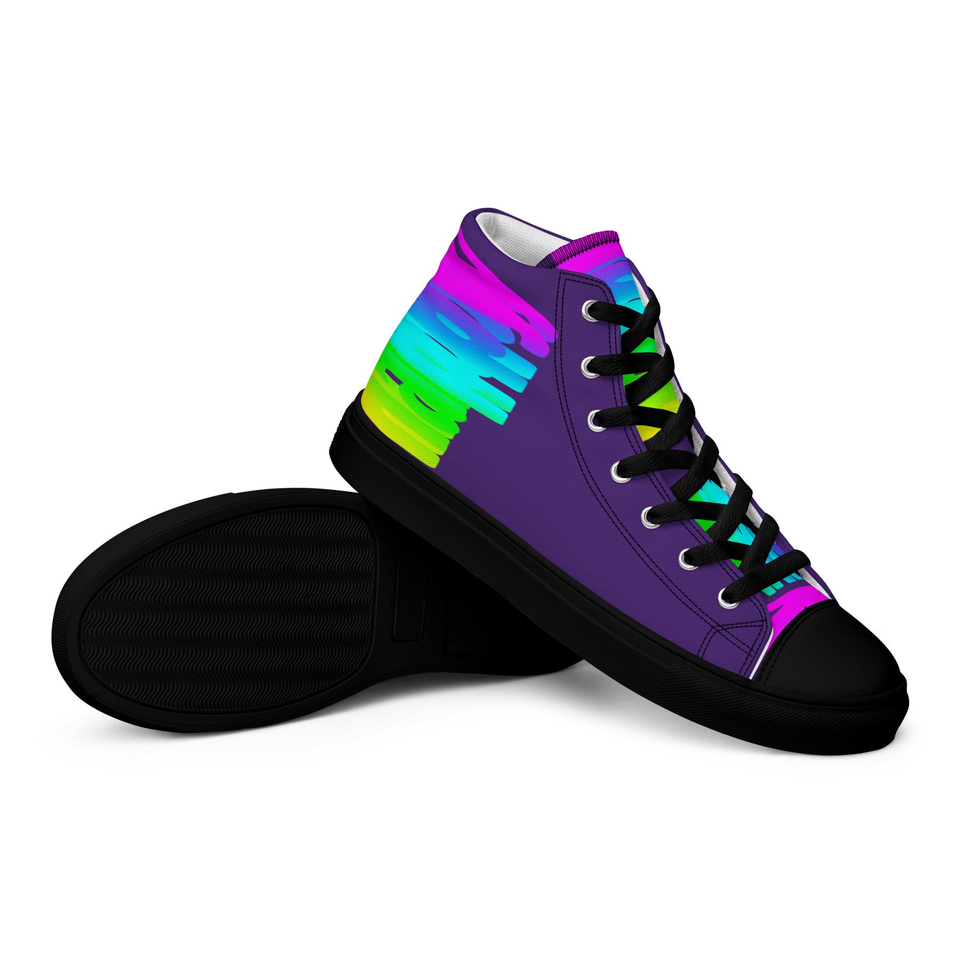 Closeup sole view HappyStuff mens sneakers purple high tops black sole rainbow shoes Happy Rainbow Painted bright colour spectrum print