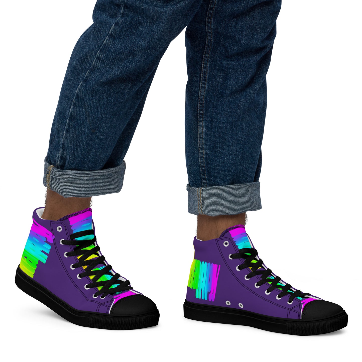 Walking right in mens sneakers HappyStuff high top purple shoes black sole Happy Rainbow Painted bright colour spectrum print rainbow shoes