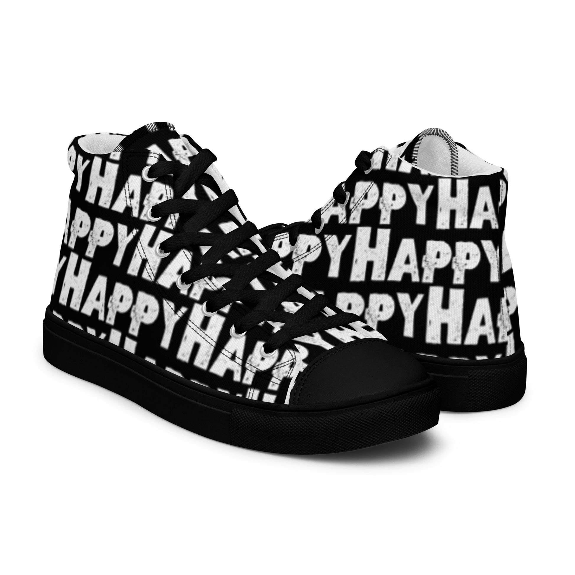 Happy Shoes mens right shoe front view left shoe back view Happy Sponge Print Black and White High Tops black sole HappyStuff brand