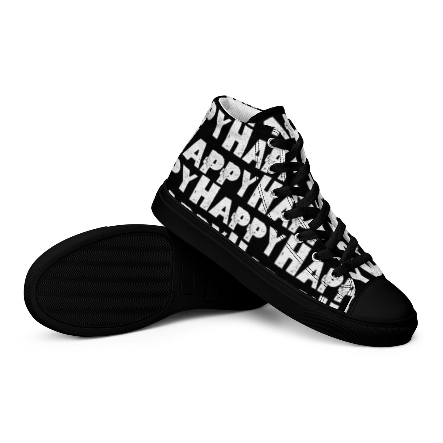 Vintage Shoes style black and white Happy Sponge Print High Tops EVA Rubber Outsole closeup black sole view