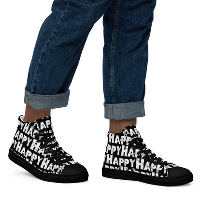 Mans feet wearing quality canvas High Tops right view fun black and white shoes black sole Happy Sponge Printed HappyStuff brand