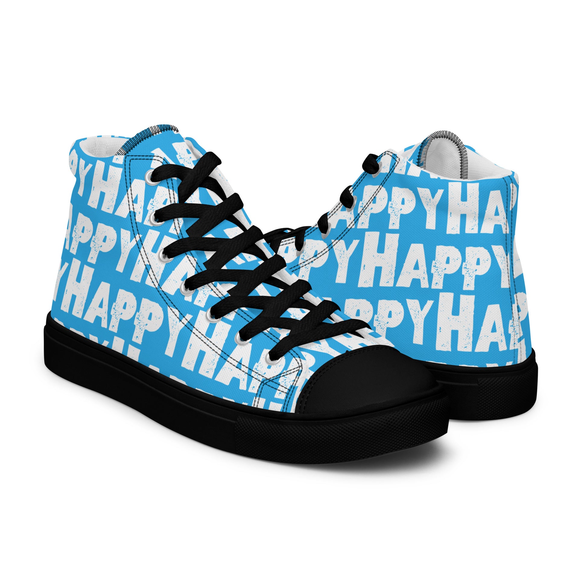 Happy Shoes mens right shoe front view left shoe back view Happy Sponge Print Blue and White High Tops black sole HappyStuff brand