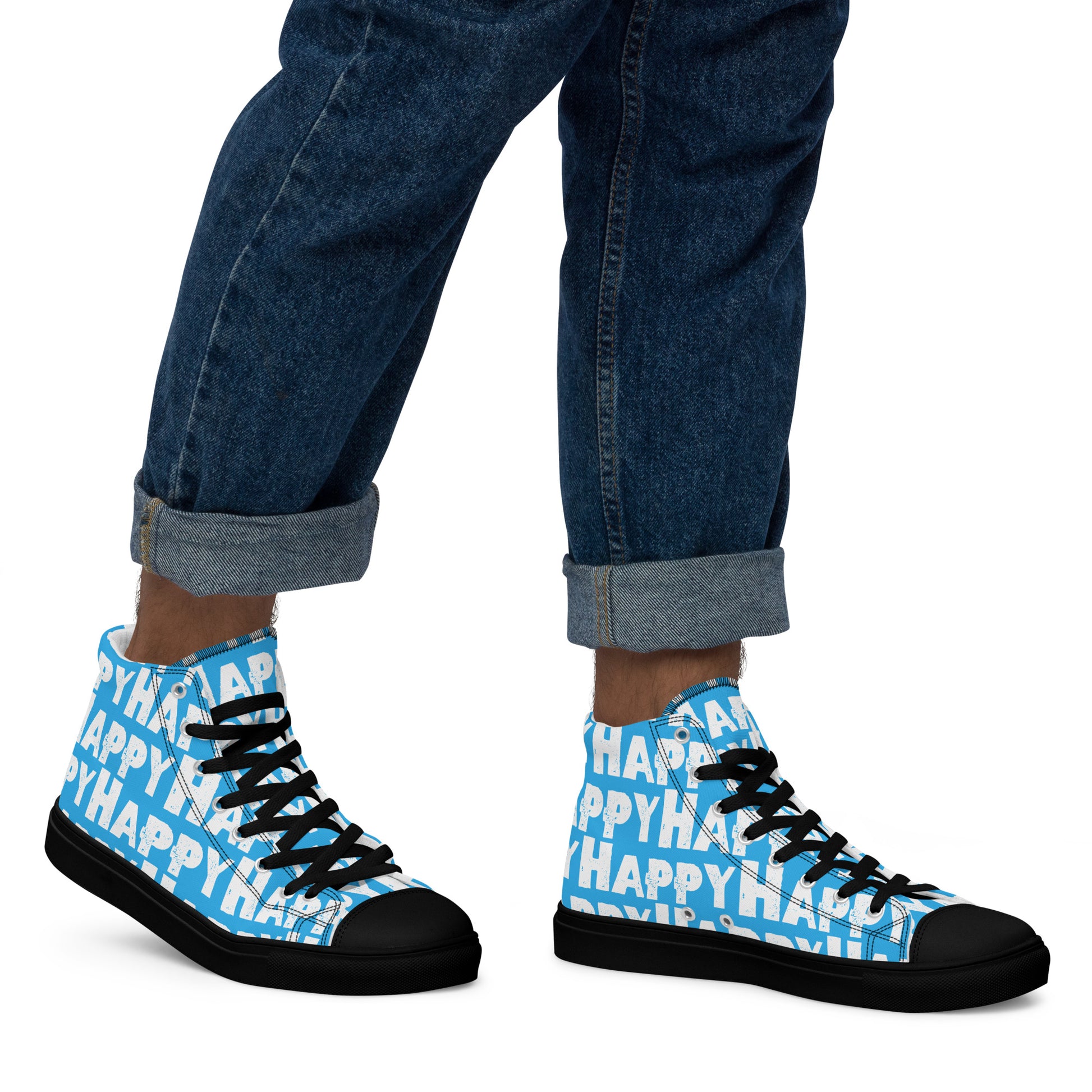 Mans feet wearing quality handmade High Tops right view fun blue and white shoes black sole Happy Sponge Printed HappyStuff brand