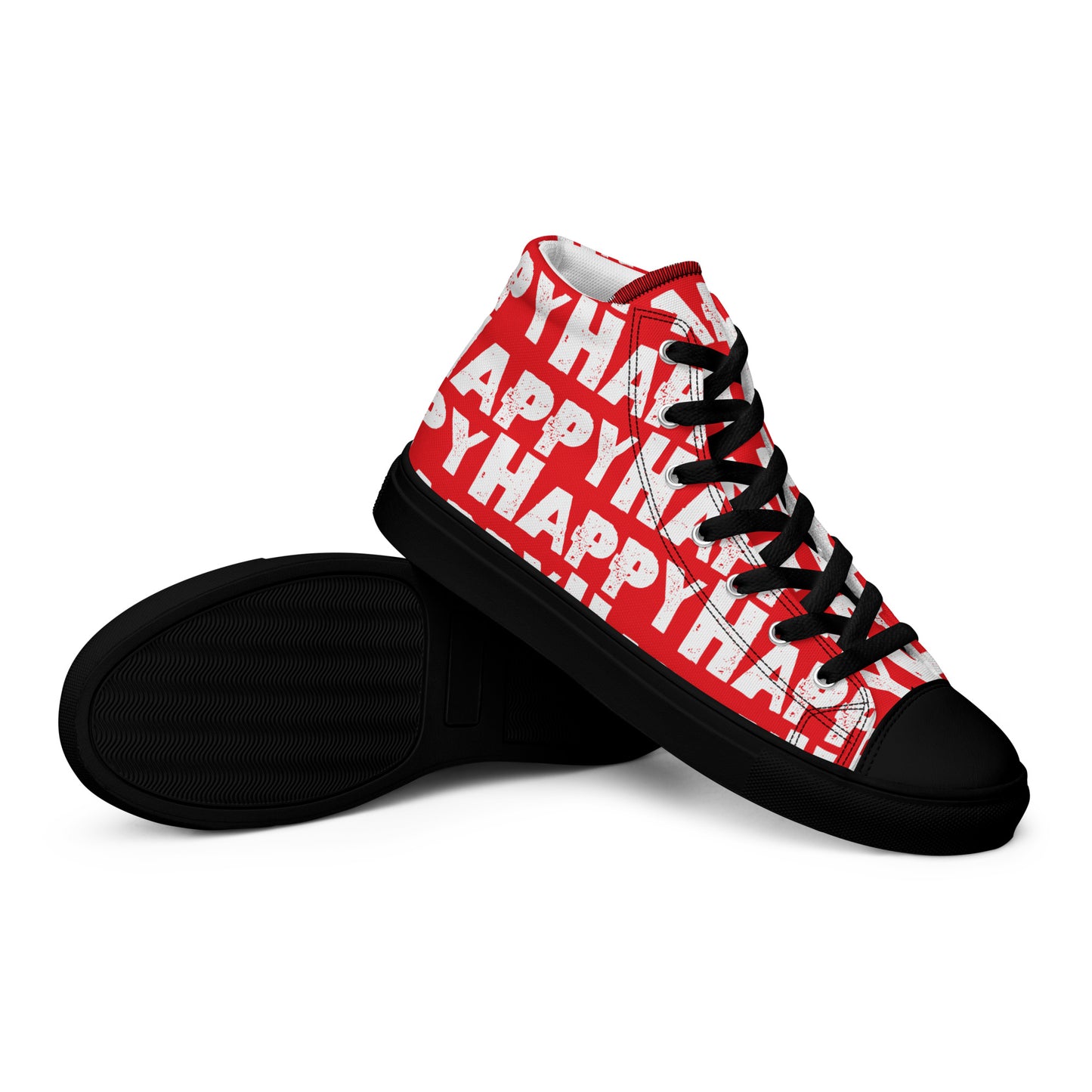 Vintage Shoes style red and white Happy Sponge Print High Tops EVA black Rubber Outsole closeup sole view