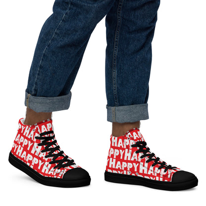 Mans feet wearing quality handmade High Tops right view fun red and white shoes black sole Happy Sponge Printed HappyStuff brand