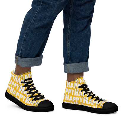 Mans feet wearing quality handmade High Tops right view fun yellow and white shoes black sole Happy Sponge Printed HappyStuff brand