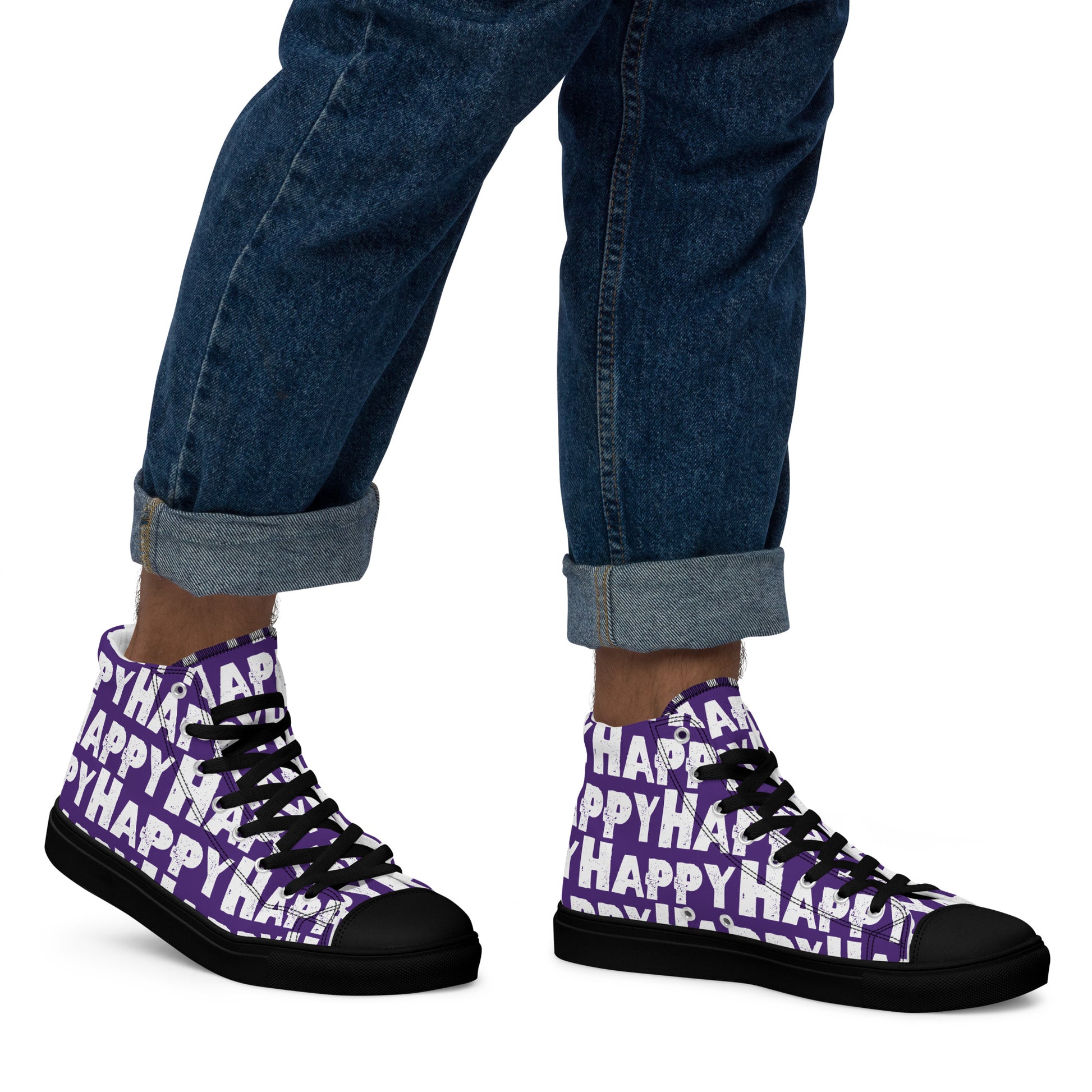 Mans feet wearing quality handmade High Tops right view fun purple and white shoes black sole Happy Sponge Printed HappyStuff brand