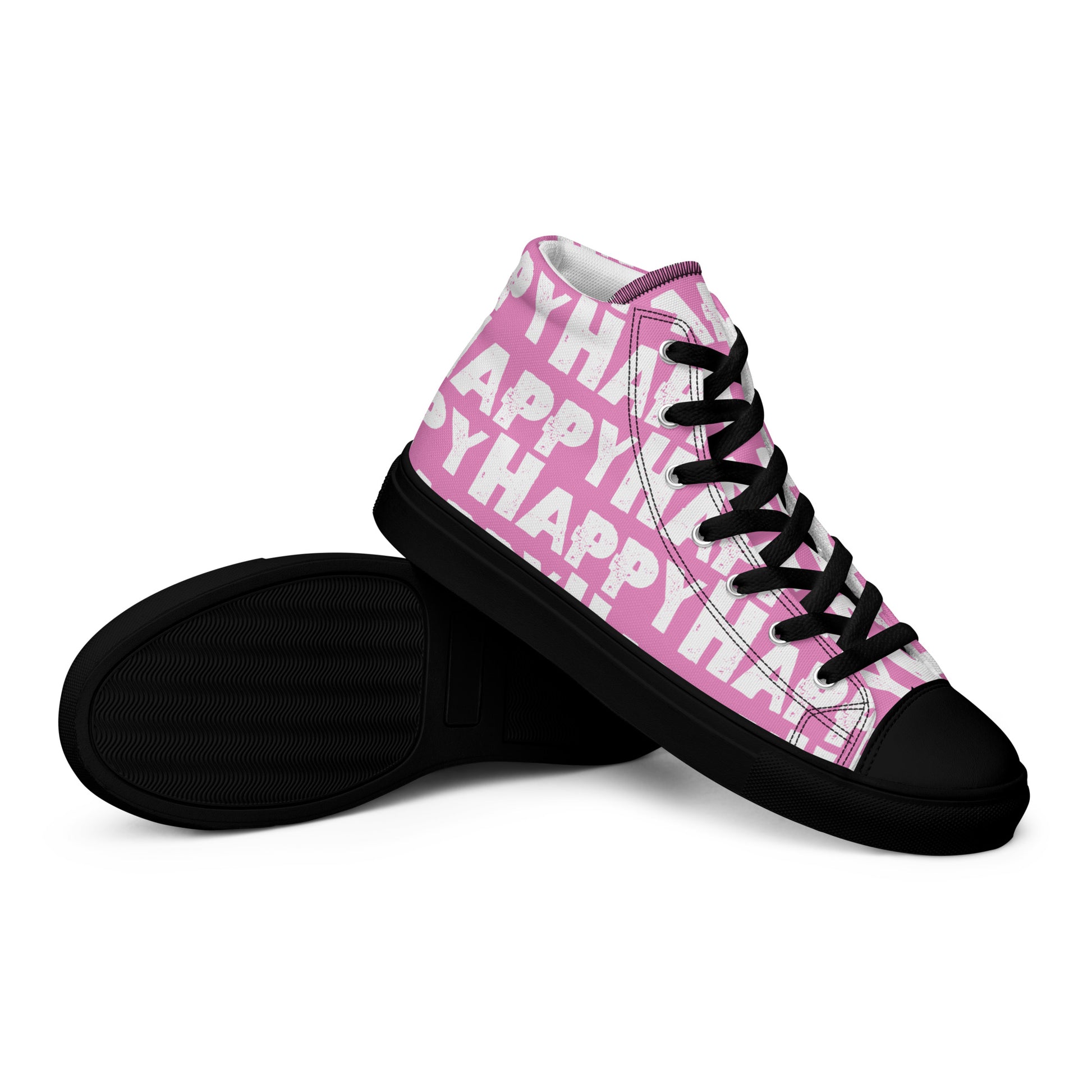 Vintage Shoes style pink and white Happy Sponge Print High Tops EVA black Rubber Outsole closeup sole view