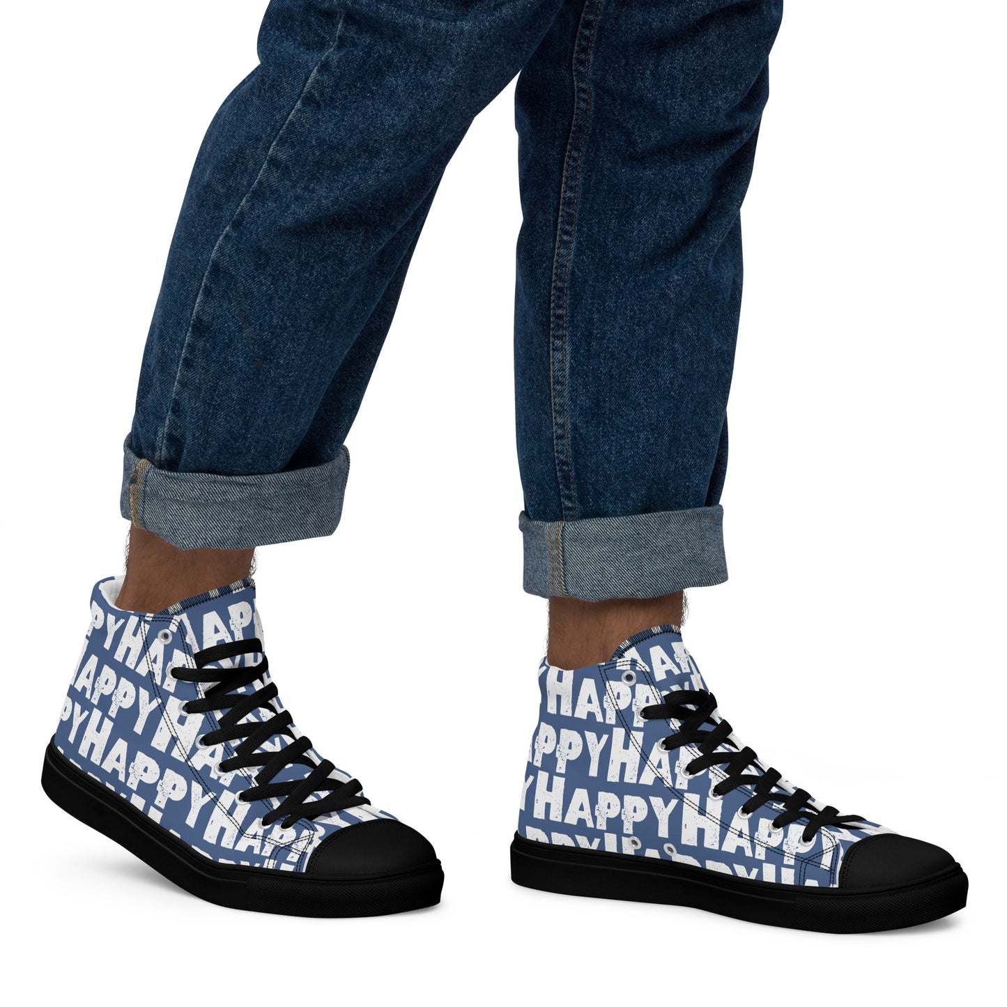 Mans feet wearing quality handmade High Tops right view fun denim blue and white shoes black sole Happy Sponge Printed HappyStuff brand