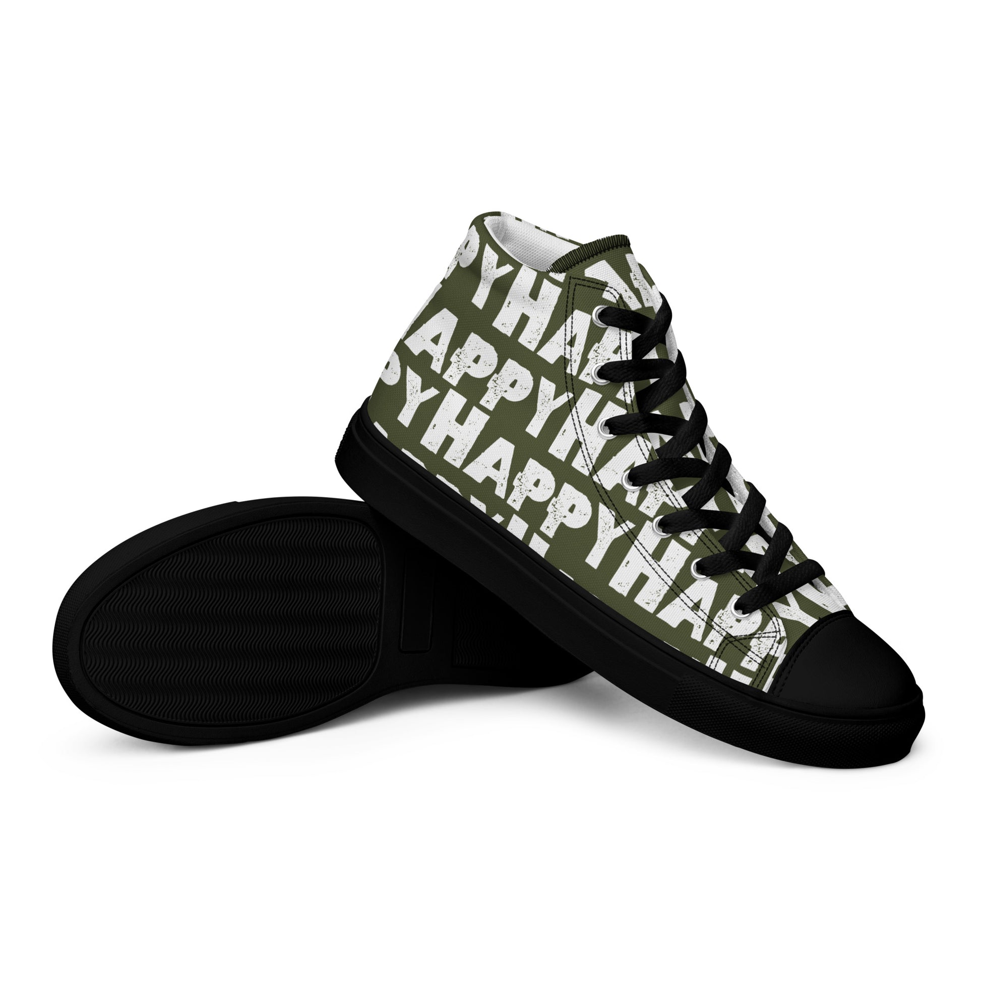 Vintage Shoes style khaki green and white Happy Sponge Print High Tops EVA Rubber Outsole closeup sole view