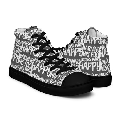 Mens slate grey high tops with playful white print Warning This Foot Jiggles When Happy right shoe front view left shoe back view black sole