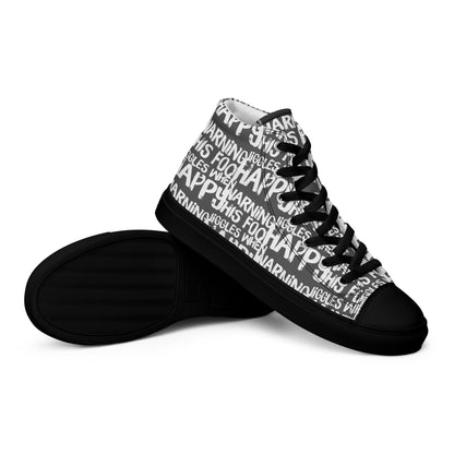 HappyStuff mens slate grey high tops with playful white print Warning This Foot Jiggles When Happy EVA Rubber outsole closeup sole view black sole