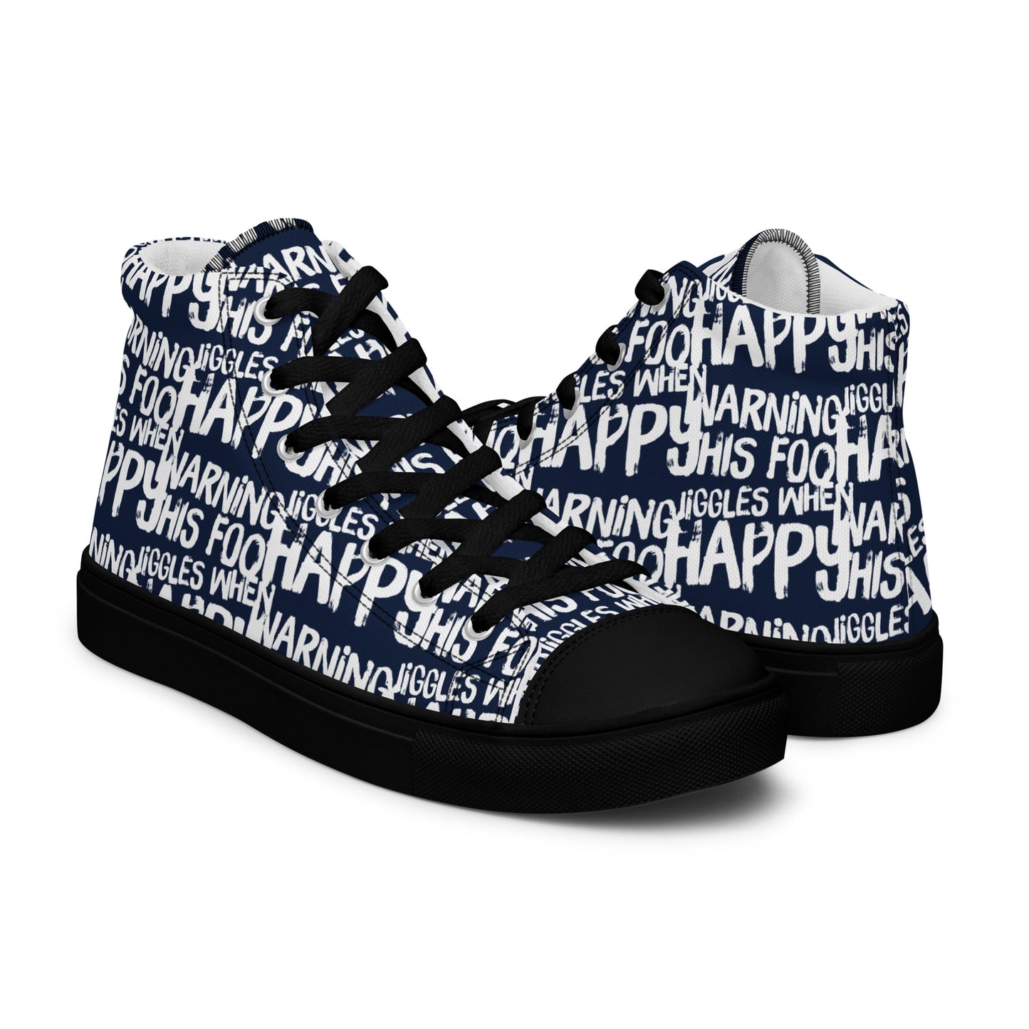 Mens navy blue high tops with playful white print Warning This Foot Jiggles When Happy right shoe front view left shoe back view black sole