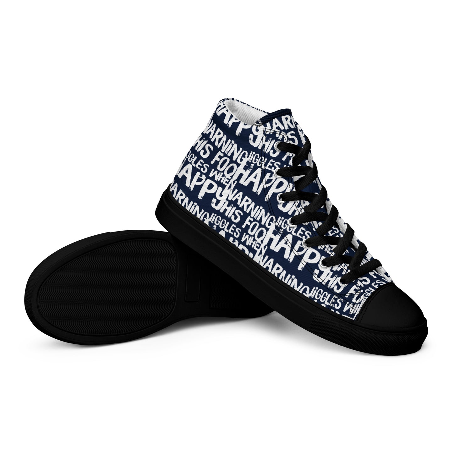 HappyStuff mens navy blue high tops with playful white print Warning This Foot Jiggles When Happy EVA Rubber outsole closeup sole view black sole