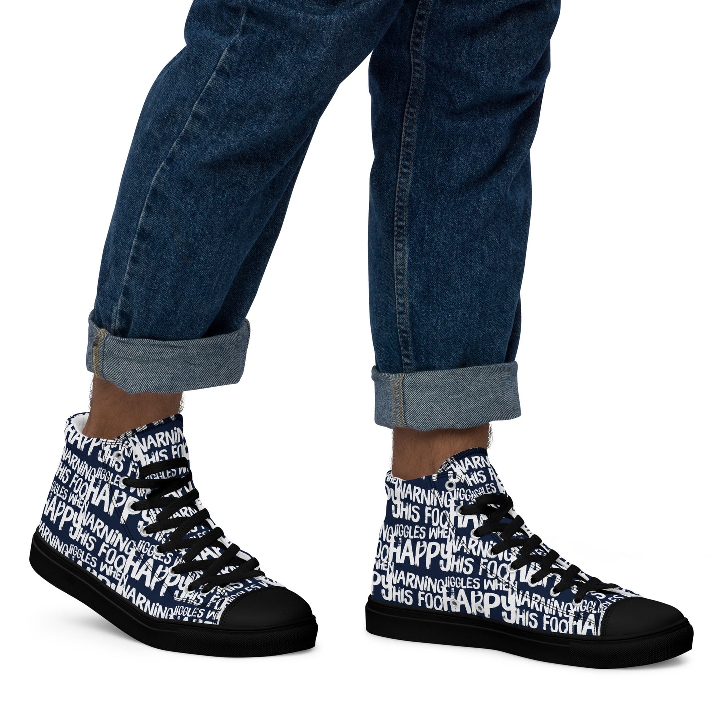 Walking right in mens HappyStuff high tops canvas sneakers edgy print navy blue and white shoes Warning This Foot Jiggles When Happy black sole