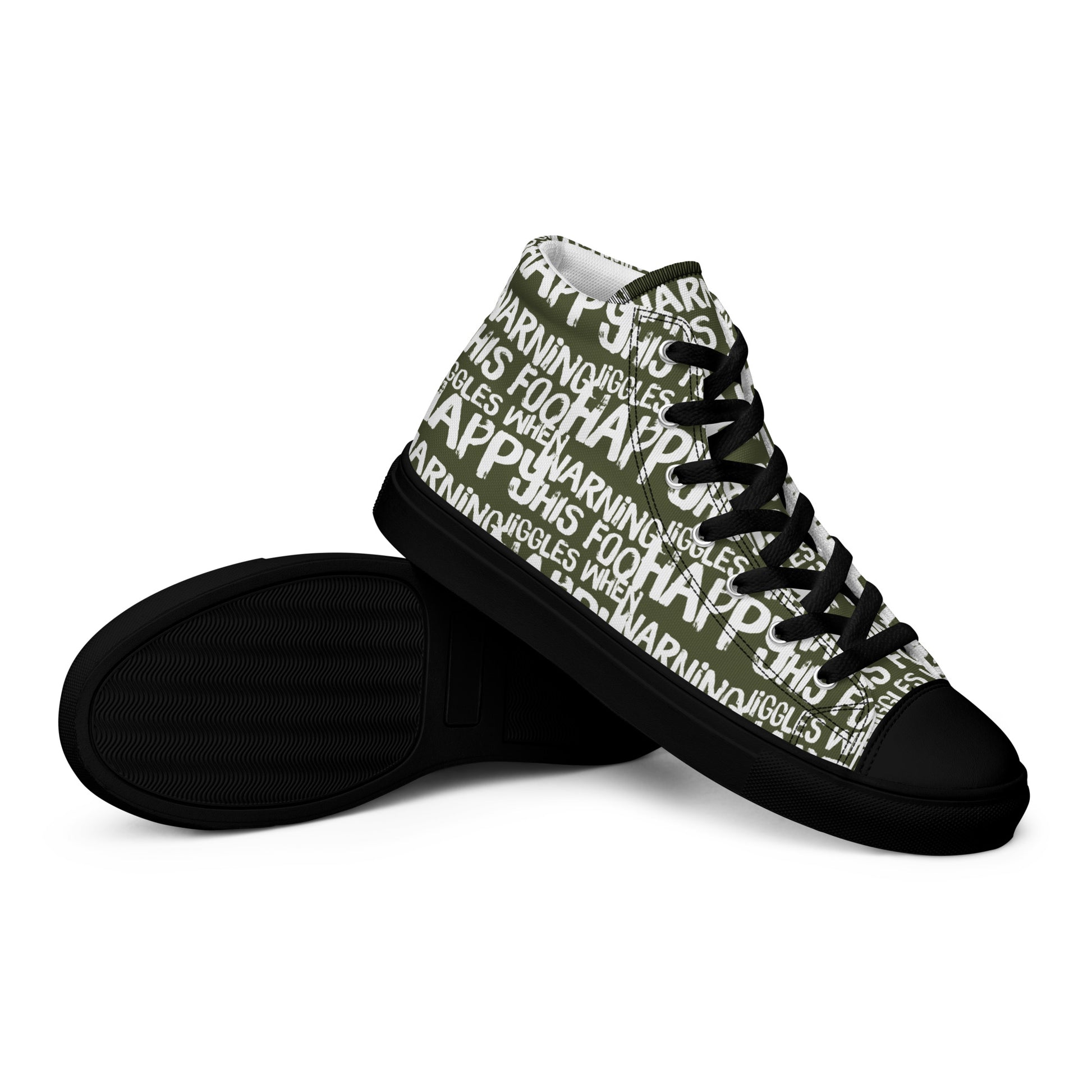 HappyStuff mens khaki green high tops with playful white print Warning This Foot Jiggles When Happy EVA Rubber outsole closeup sole view black sole