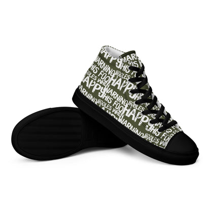 HappyStuff mens khaki green high tops with playful white print Warning This Foot Jiggles When Happy EVA Rubber outsole closeup sole view black sole