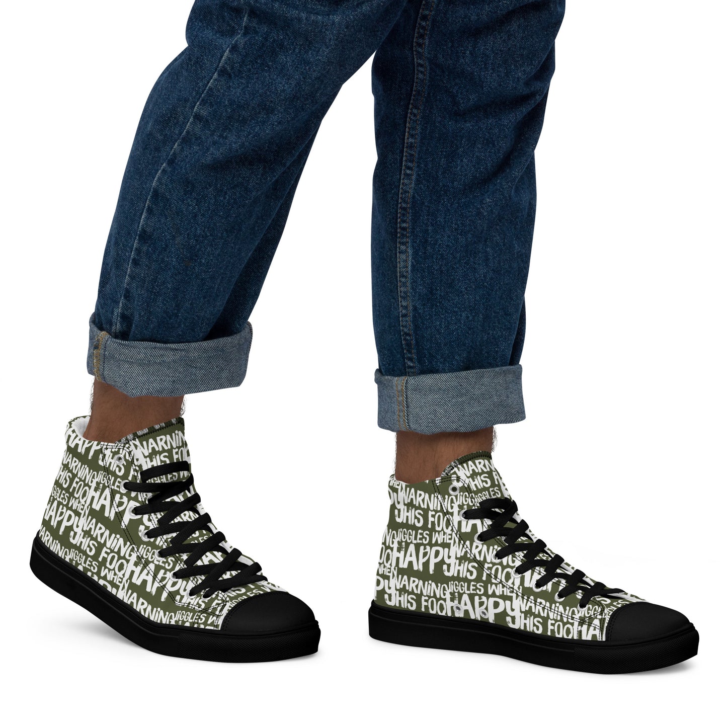 Walking right in mens HappyStuff high tops canvas sneakers edgy print khaki green and white shoes Warning This Foot Jiggles When Happy black sole