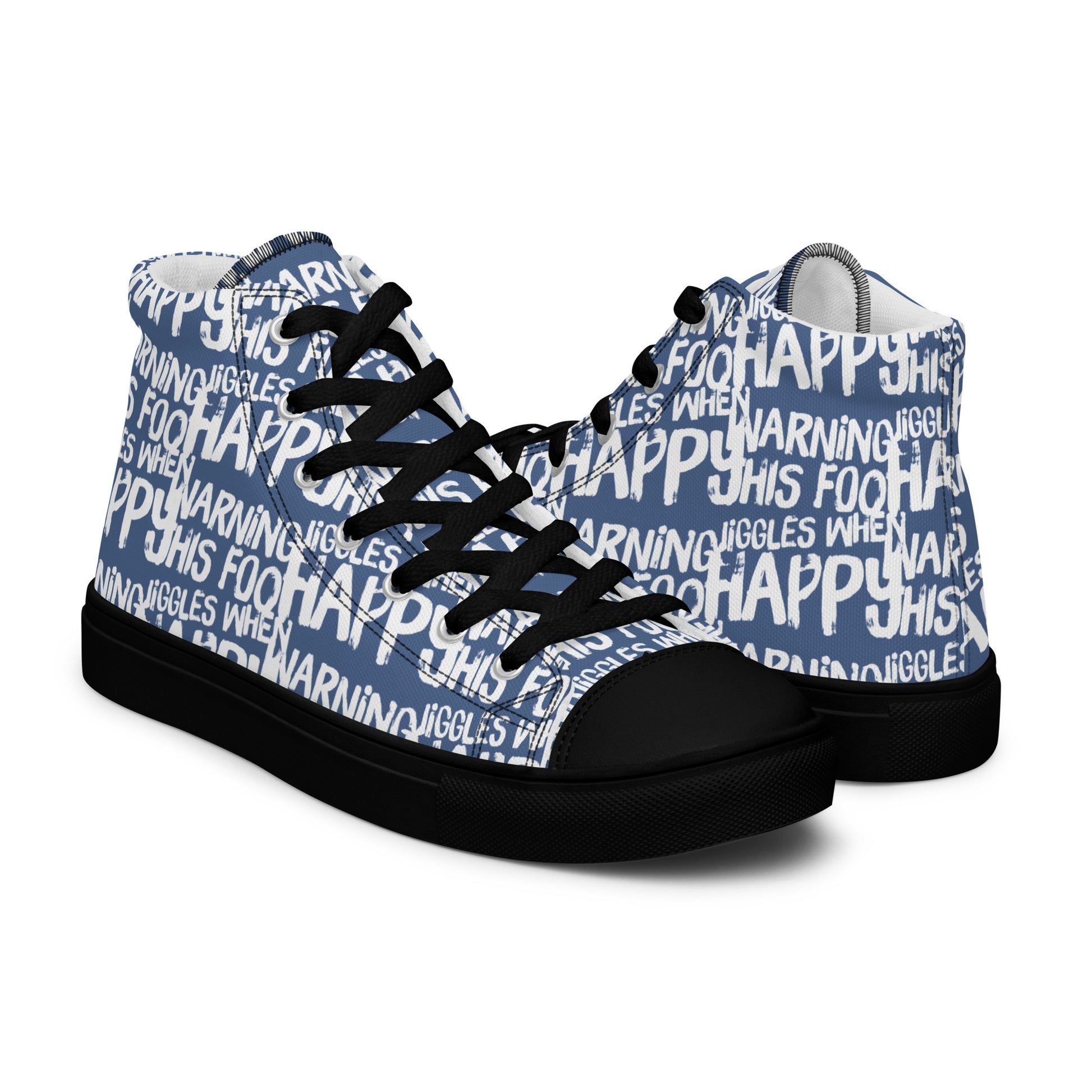 Mens denim blue high tops with playful white print Warning This Foot Jiggles When Happy right shoe front view left shoe back view black sole