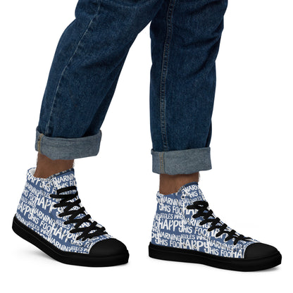 Walking right in mens HappyStuff high tops canvas sneakers edgy print denim blue and white shoes Warning This Foot Jiggles When Happy black sole